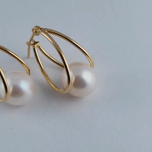 14K Yellow Gold Freshwater Pearl Double Hoop Earrings, Solid Gold!