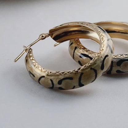 14K Yellow Gold Clasp Enamel Leopard and Diamond-Cut Hoop Earrings, Solid Gold!