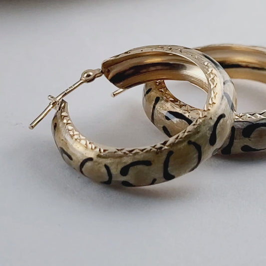 14K Yellow Gold Clasp Enamel Leopard and Diamond-Cut Hoop Earrings, Solid Gold!