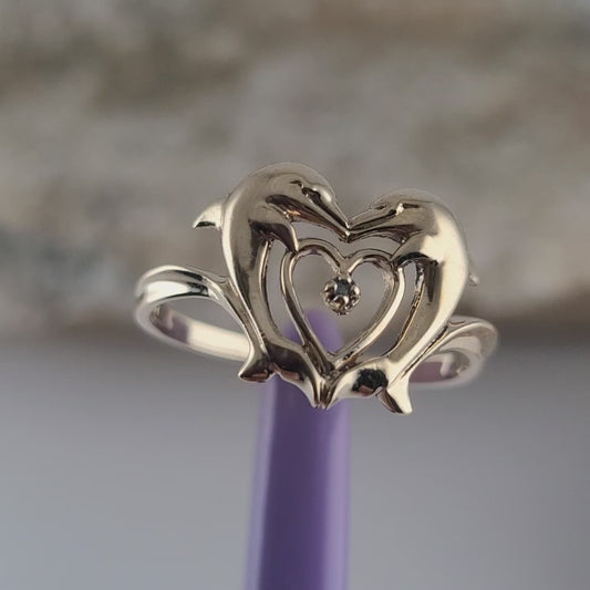 10K Yellow Gold Dolphin Heart Ring with Small Center Diamond – Size 6.25- Solid Gold