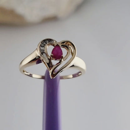 10K Yellow Gold Heart-Shaped Ruby and Diamonds Ring Size 7, Solid Gold