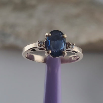 10K Yellow Gold Blue Sapphire & Genuine Diamonds Ring Size 5 - Solid Gold