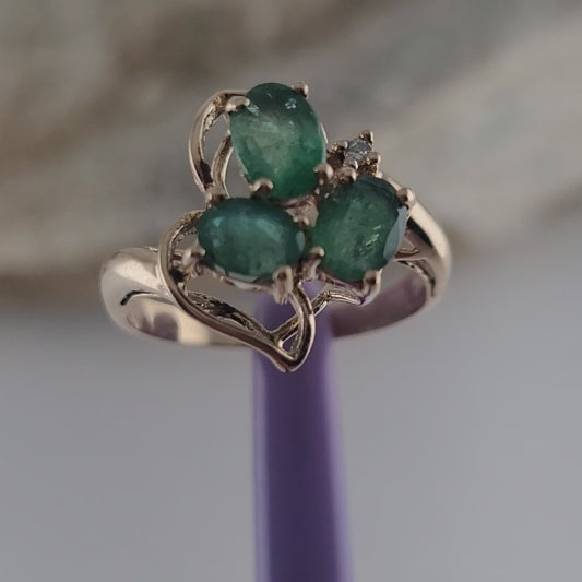 14K Yellow Gold Emerald and Diamond Ring Size 5.75, Solid Gold