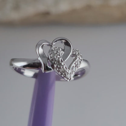 14K White Gold Intertwined Hearts Genuine Diamond Ring Size 7 - Solid Gold!