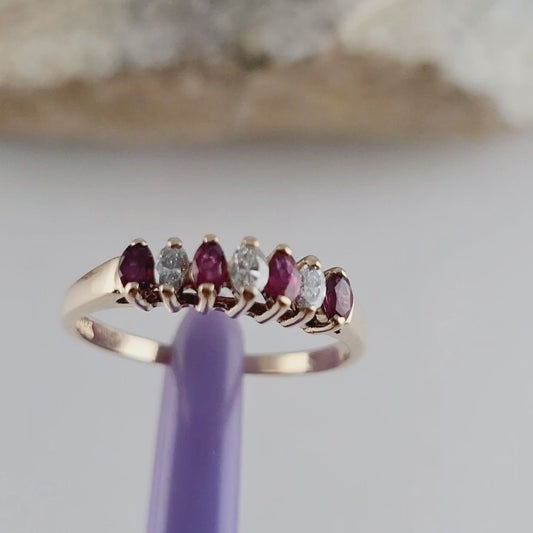 14K Yellow Gold Rubies and Diamonds Band Ring Size 6, Solid Gold
