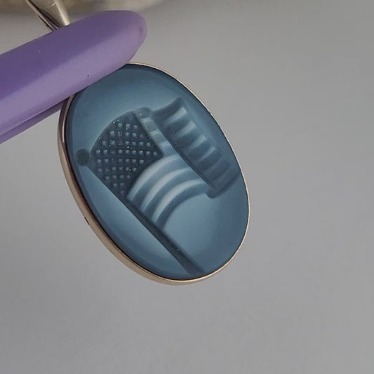 14K Yellow Gold American Flag “God Bless America” Small Pendant