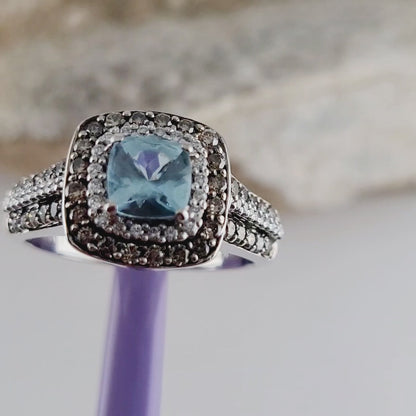 Le Vian 14K White Gold Aquamarine Chocolate & Vanilla Diamond Ring Size 8.75