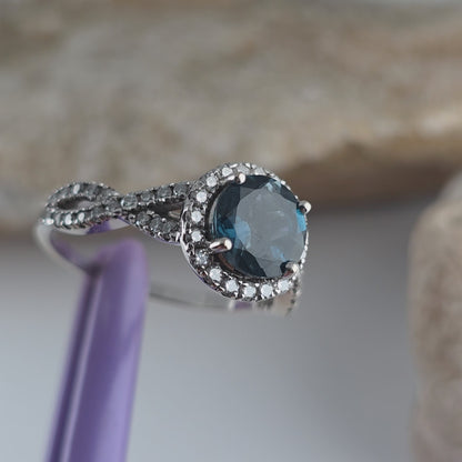 14K White Gold London Blue Topaz & Genuine Diamonds Ring Size 10.5 - Solid Gold
