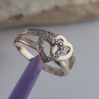 14K Yellow Gold Intertwined Hearts & Diamonds Ring Size 8.75 - Solid Gold