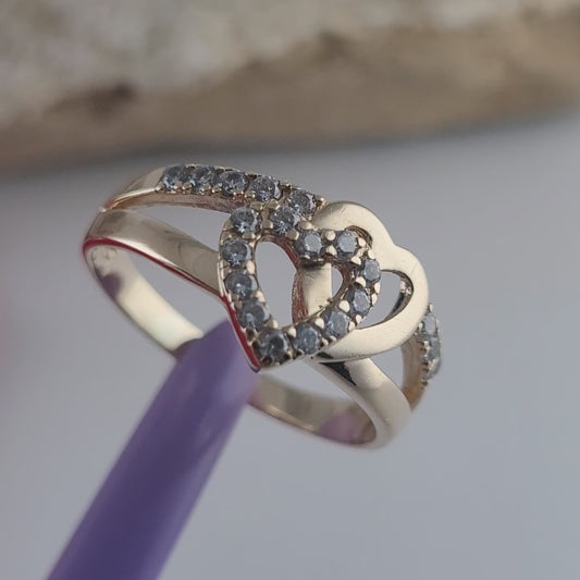 14K Yellow Gold Intertwined Hearts & Diamonds Ring Size 8.75 - Solid Gold