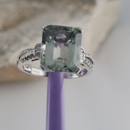 EFFY 14K White Gold Green Amethyst & Diamond Ring Size 9, Baguette Round Diamonds
