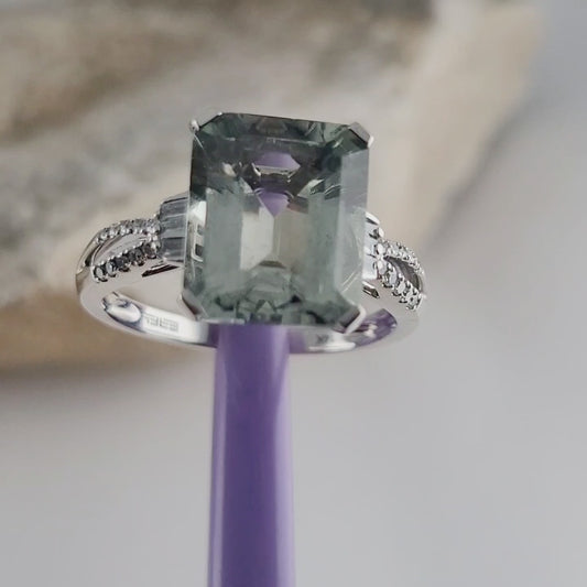 EFFY 14K White Gold Green Amethyst & Diamond Ring Size 9, Baguette Round Diamonds