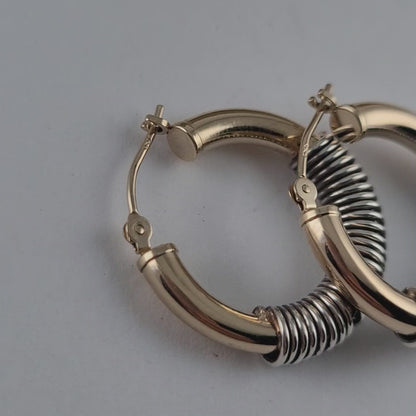 14K Solid Yellow Gold and Sterling Silver Spiral Hoop Earrings