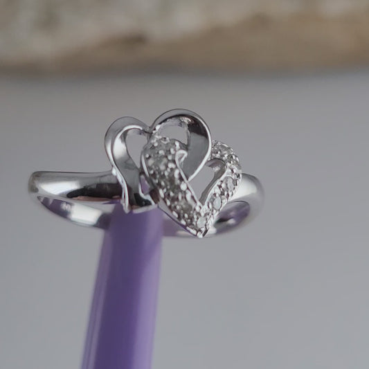 14K White Gold Intertwined Hearts Genuine Diamond Ring Size 7 - Solid Gold!