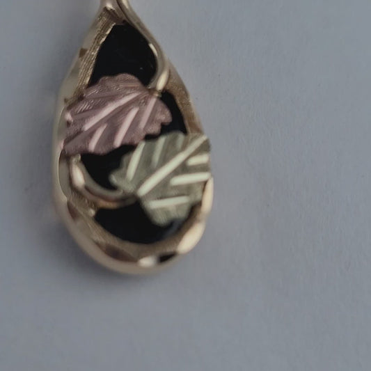 10K Black Hills, Yellow and Rose Gold Leaves and Onyx Teardrop Pendant, Solid Gold