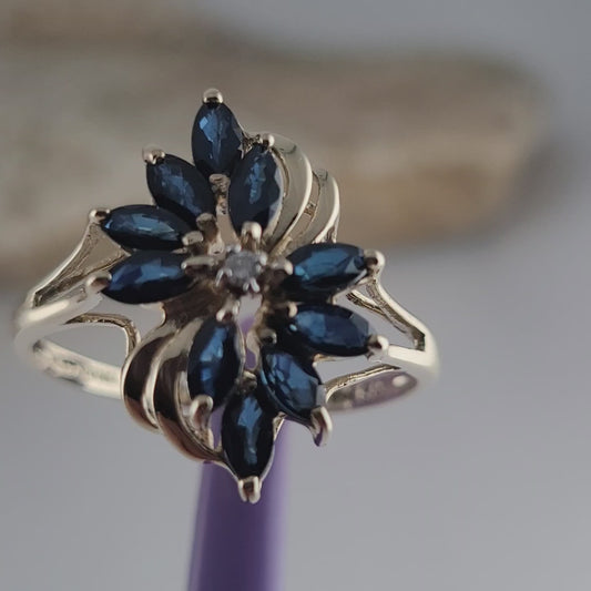 14K Yellow Gold Sapphires and Genuine Diamond Ring Size 10.5 - Solid Gold