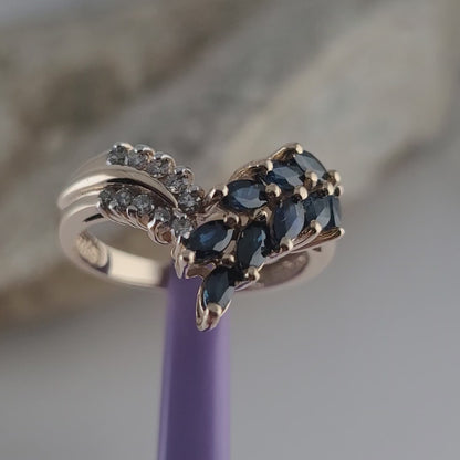 14K Yellow Gold Sapphires and Genuine Diamonds Tiara Ring Size 6.75 - Solid Gold