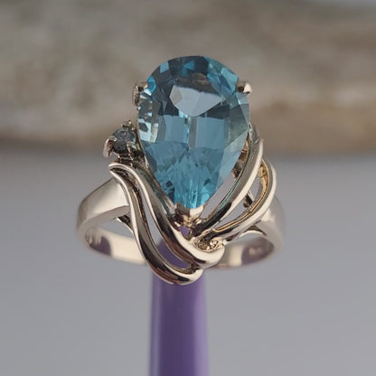 14K Yellow Gold Blue Topaz and Genuine Diamond Ring Size 6.5 - Solid Gold