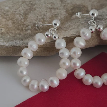 ❤️925 Lovely Sterling Silver Fresh-Water Pearls Circle Drop Earrings!