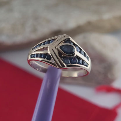 14K Yellow Gold Blue Sapphires Ring Size 8 - Solid Gold