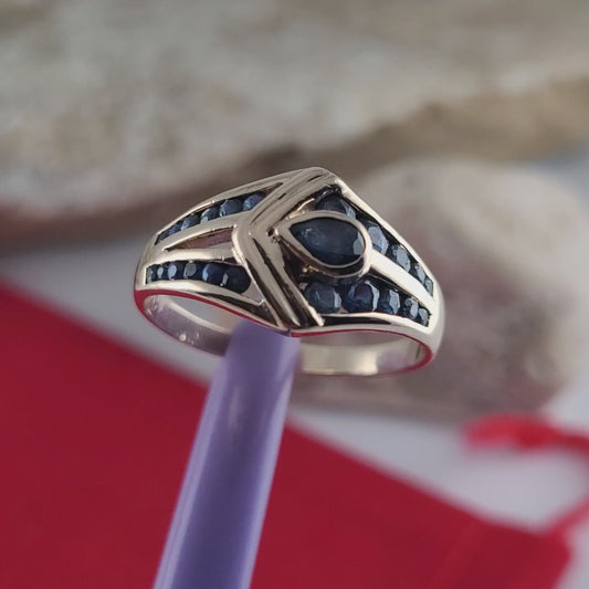14K Yellow Gold Blue Sapphires Ring Size 8 - Solid Gold