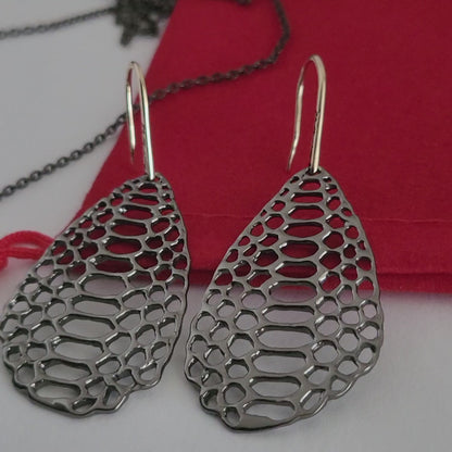 ❤️ Oxidized Sterling Silver Earrings Necklace Set, Designer Mesh Drop, the hooks are 14k Gold