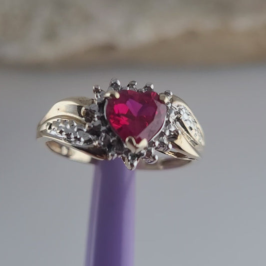 10K Yellow Gold Heart-Shaped Ruby and Genuine Diamonds Ring Size 6.5 - Solid Gold