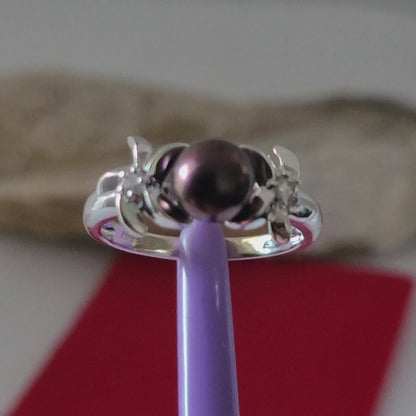 14K White Gold Purple Fresh-Water Pearl and Diamonds Ring Size 8.75 Solid Gold