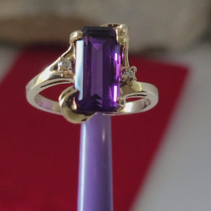 14K Yellow Gold Amethyst and Diamonds Ring Size 8 Solid Gold
