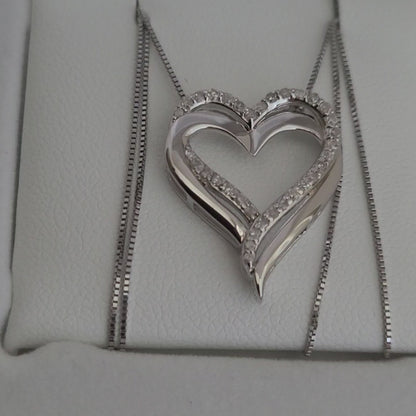 Heart-Shaped And Genuine Diamonds Pendant And Necklace, Sterling Silver