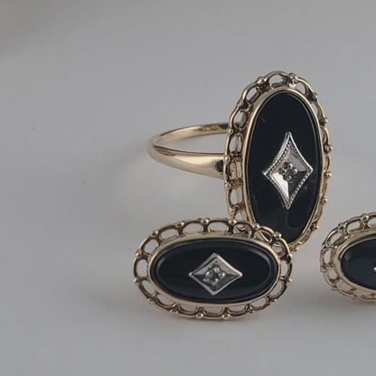10K Yellow Gold Onyx and Diamond Art Deco Ring Size 7, and Earrings