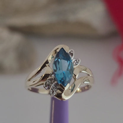 ❤️10k Size 6.75 Beautiful Solid Yellow Gold Blue Topaz and Diamond Ring!