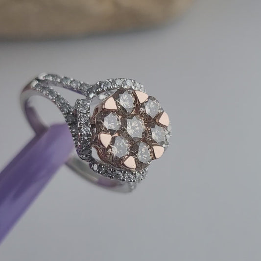 14K White Gold Natural Champagne & White Diamond Ring Size 6, Solid Gold