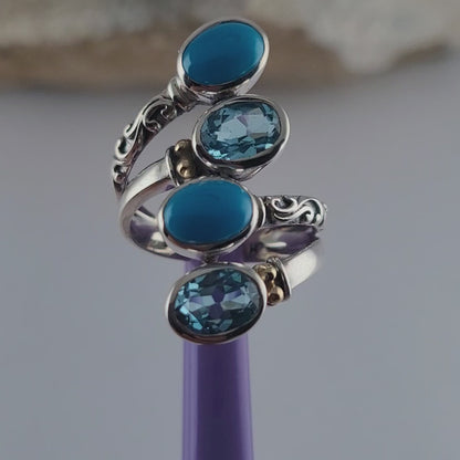 925 Sterling Silver and 18K Yellow Gold Blue Topaz and Turquoise Ring Size 5!