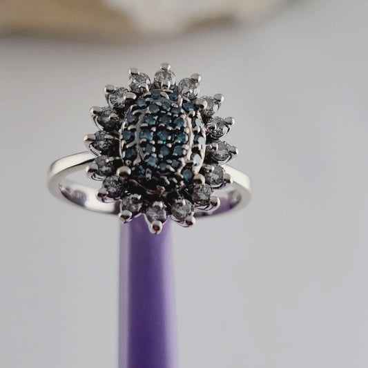 Vintage EFFY 14K White Gold Blue & White Natural Diamond Cluster Ring Size 7