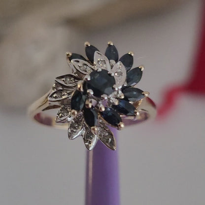 ❤️10k Size 7.75 Amazing Solid Yellow Gold Dark Sapphire and Diamond Ring!