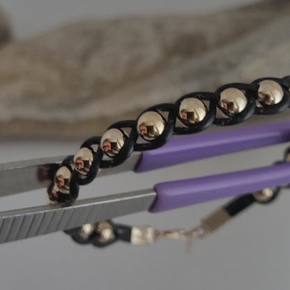 14K Yellow Gold Beads and Black Leather Bracelet, Solid Gold Accent!