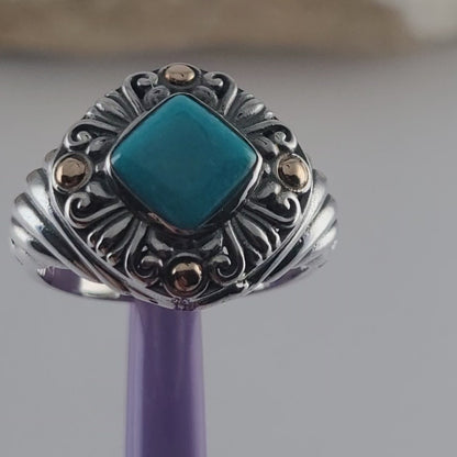 925 Sterling Silver and 18K Yellow Gold Turquoise Carved Cable  Ring