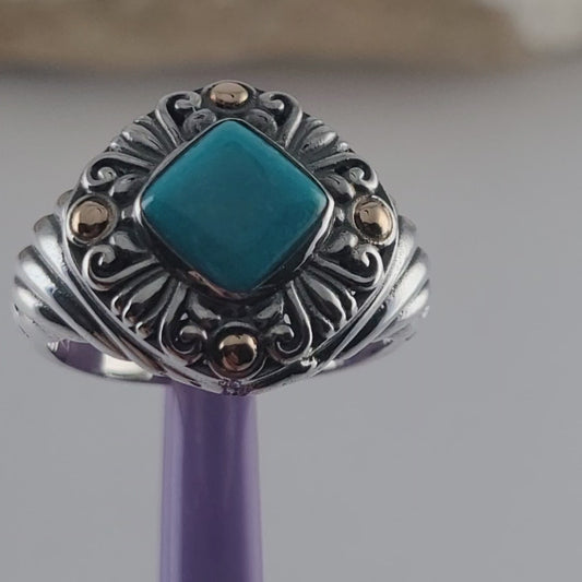 925 Sterling Silver and 18K Yellow Gold Turquoise Carved Cable  Ring