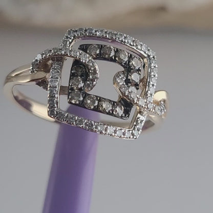 14K Yellow Gold Chocolate & White Genuine Diamonds Square Ring Size 6.5