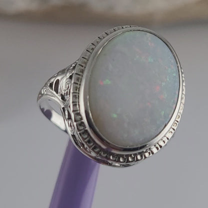 Vintage 14K White Gold Opal Art-Deco Ring Size 7.25 - Solid Gold
