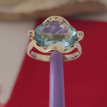 14K Yellow Gold Aquamarine and Diamonds Ring Size 7.75 Solid Gold