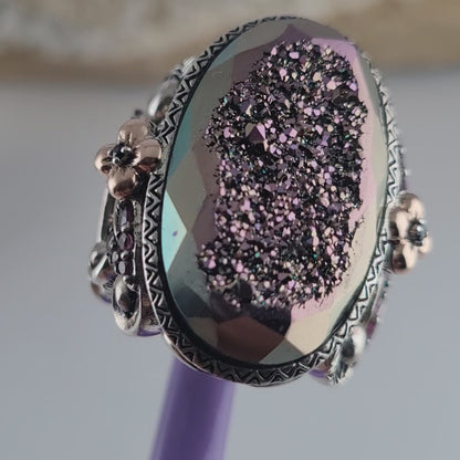 925 Sterling Silver & 18K Solid Yellow Gold, Plum Color Druzy Quartz, Tourmaline and Sapphire Ring Size 7!