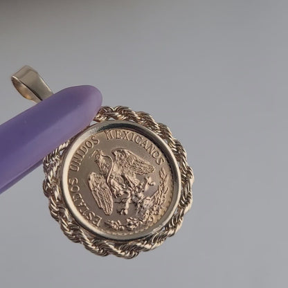 1945 Mexico Dos Pesos 22K Gold Coin Pendant 14K Bezel, 14K Bail