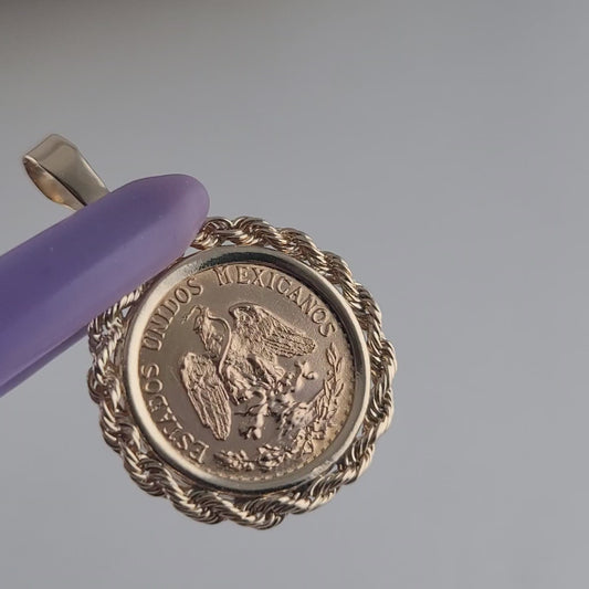 1945 Mexico Dos Pesos 22K Gold Coin Pendant 14K Bezel, 14K Bail
