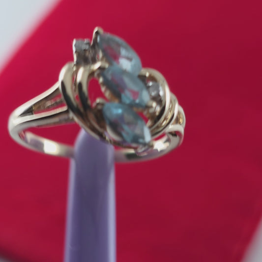 14K Yellow Gold Blue Topaz and Diamond Cocktail Ring Size 6, Solid Gold!
