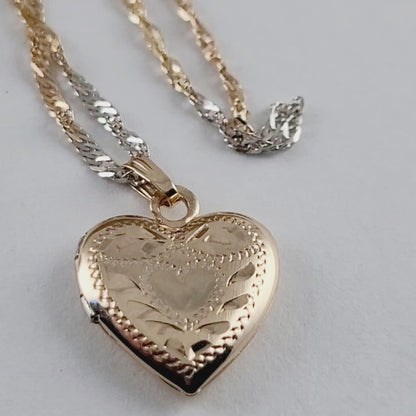 14K Two-Tone of Gold Singapore Chain Necklace, and Heart-Shaped Locket, Made in Italy