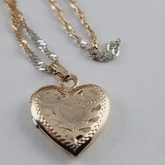 14K Two-Tone of Gold Singapore Chain Necklace, and Heart-Shaped Locket, Made in Italy