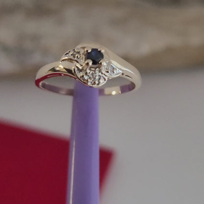 10k Size 6.75 Precious Solid Yellow Gold Dark Sapphire and Genuine Diamond Ring!