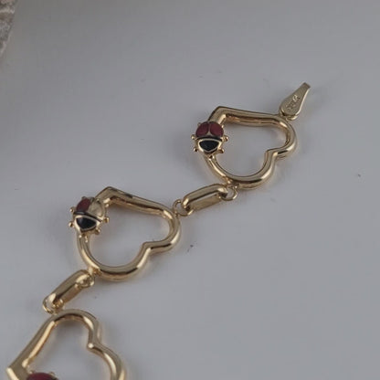 14K Yellow Gold Heart & Ladybug Link Bracelet - Solid Gold, Made in Turkey